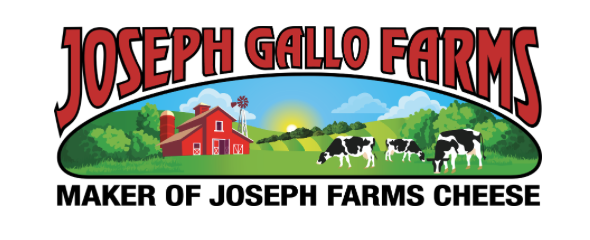 Logo that reads "Joseph Gallo Farms – Maker of Joseph Farms Cheese" with a red barn and cows grazing grass in the background